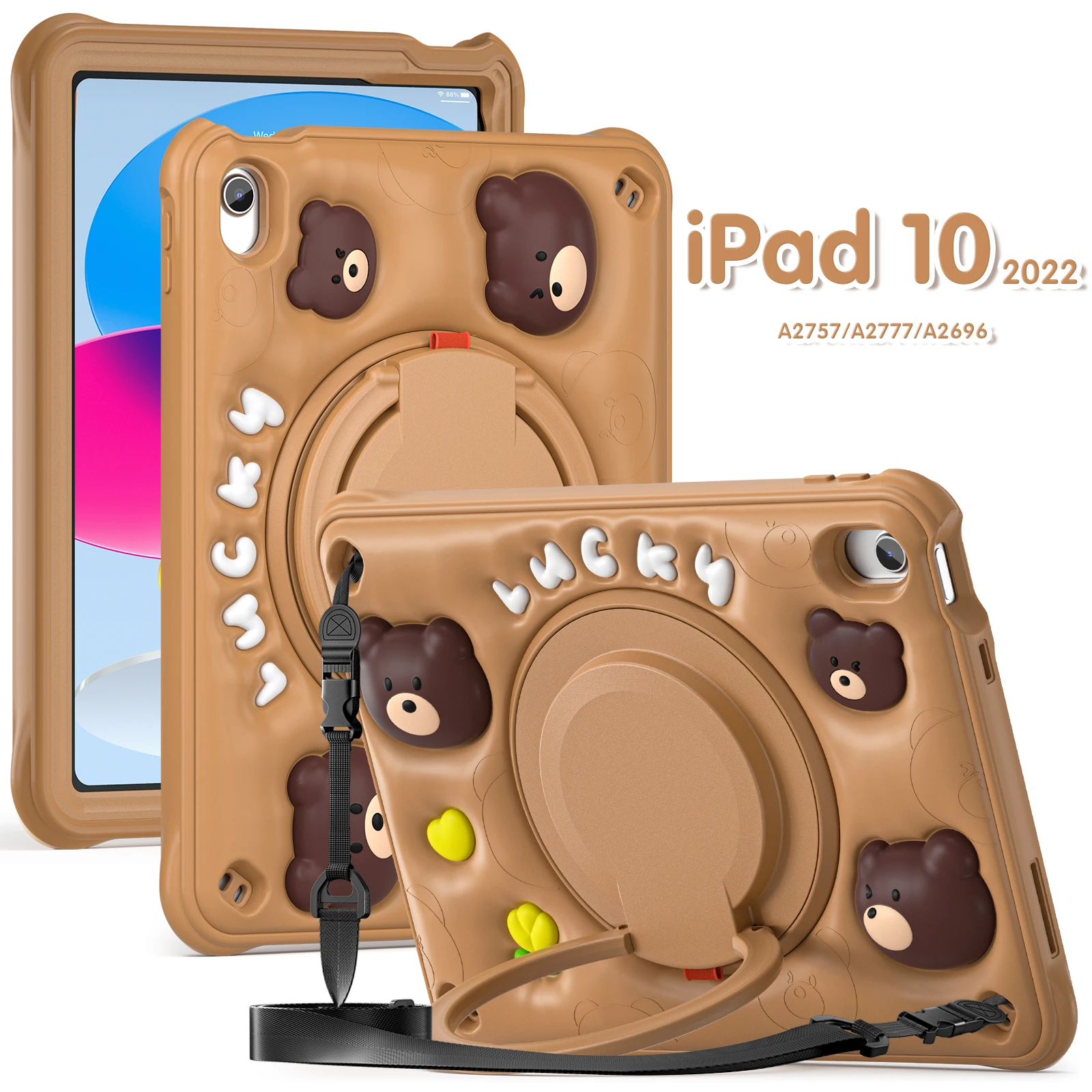 

Детский универсальный гибридный чехол с милым мультяшным рисунком для iPad A16 2025 11th 10.9 2022 10-го поколения, вращающаяся на 360 градусов подставка, ручка, чехол