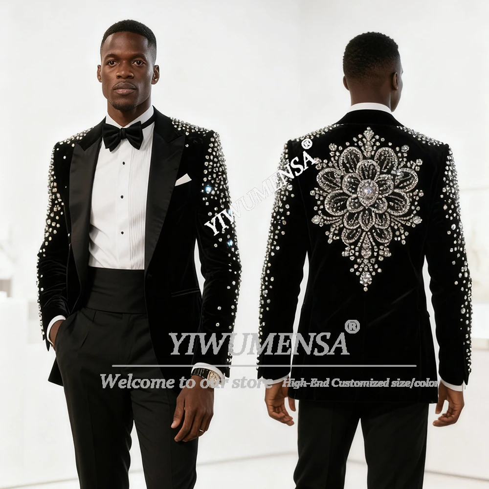 

Brilliant Diamond Beads Sutis Men For Wedding Peaked Label Velvet Prom Blazers Customized 2 Pieces Groom Tuxedos Outfts Skinny