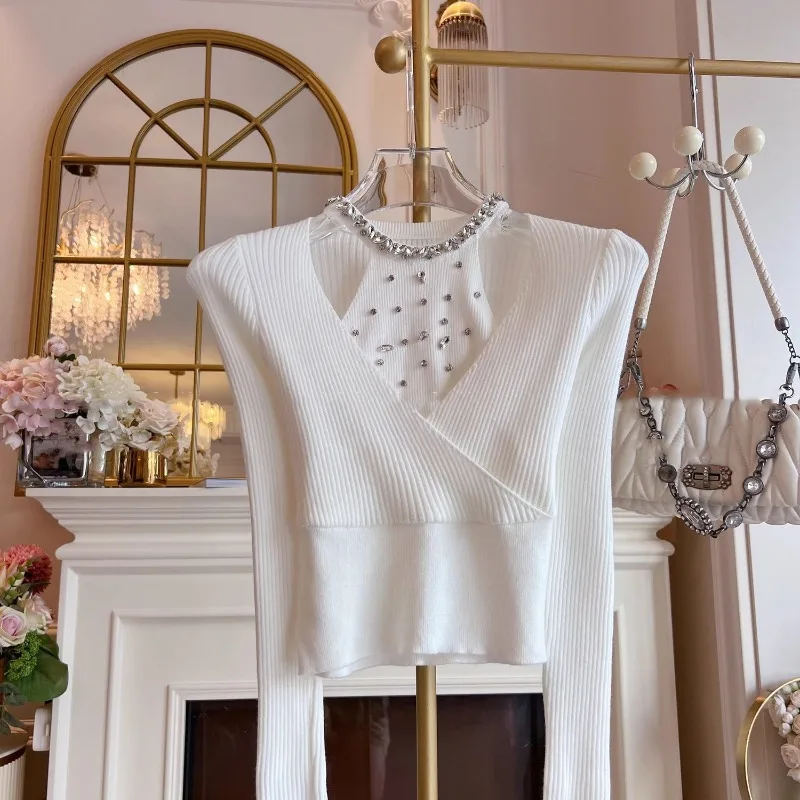 

Women's Diamond-encrusted Off-the-shoulder Long Sleeves Knitted Sweater Pullovers White New Fitted Versatile Elegant Top Fashion