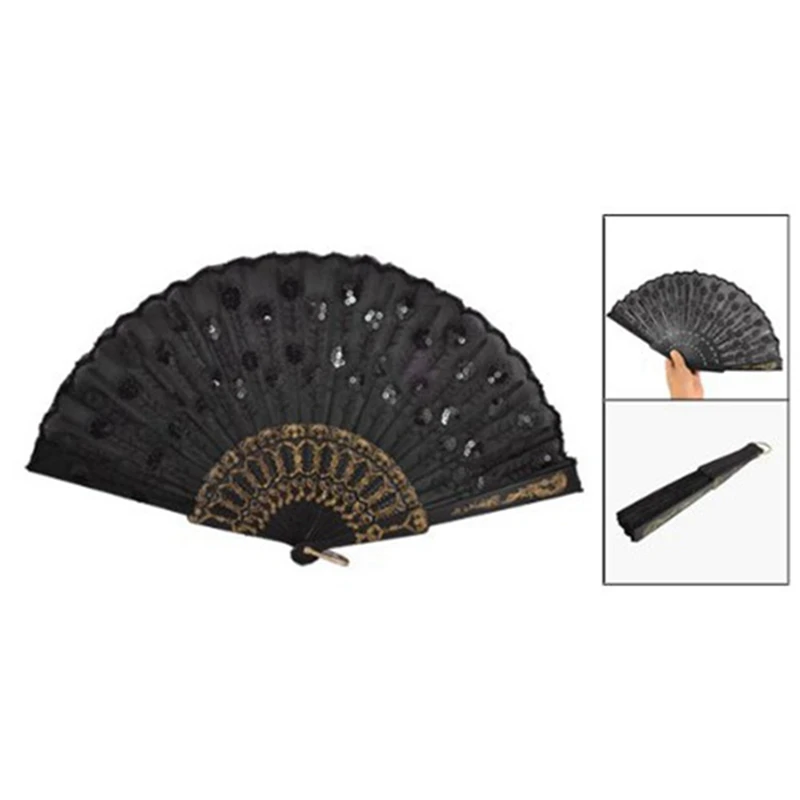 3X Black Plastic Frame Embroidery Floral Detail Folding Hand Fan