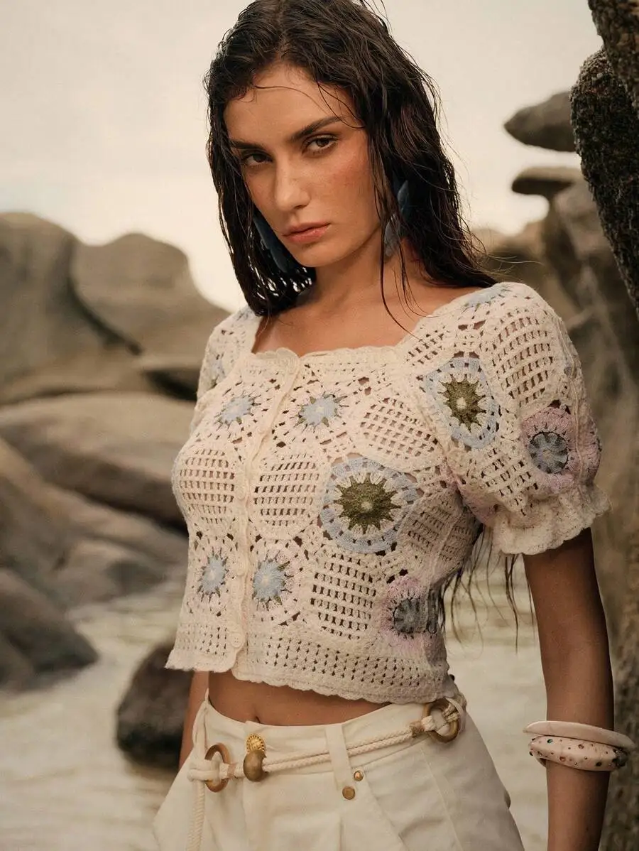 풀오버 버튼업 크로셰 탑 반팔 그랜니 스퀘어 오픈 니트 블라우스 크롭 가디건 여성용 틴걸 페어리코어 의상