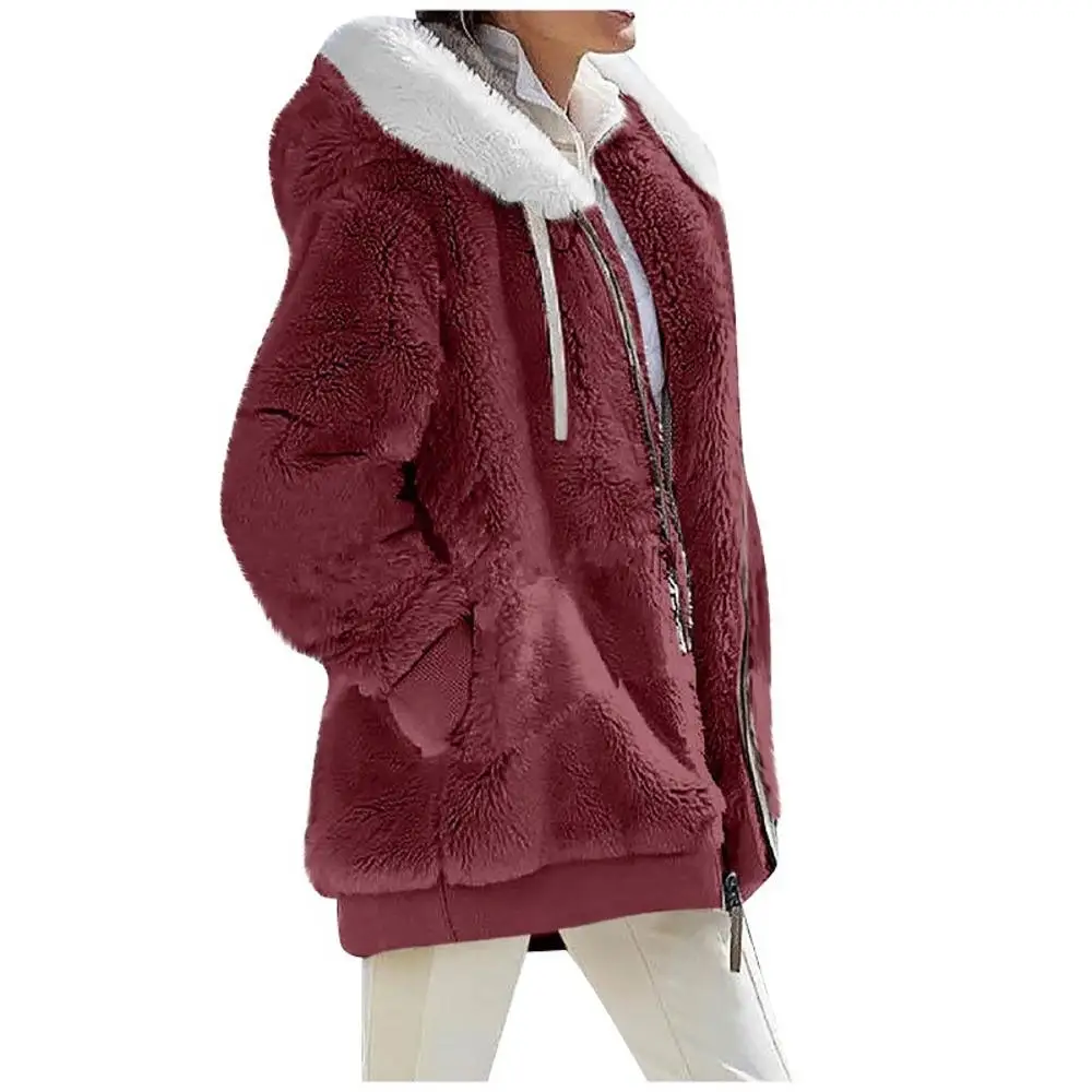 Abrigo de lana con capucha para mujer, abrigo informal de piel sintética con cremallera, oso de peluche, chaqueta gruesa cálida de gran tamaño, Top de manga larga, Invierno