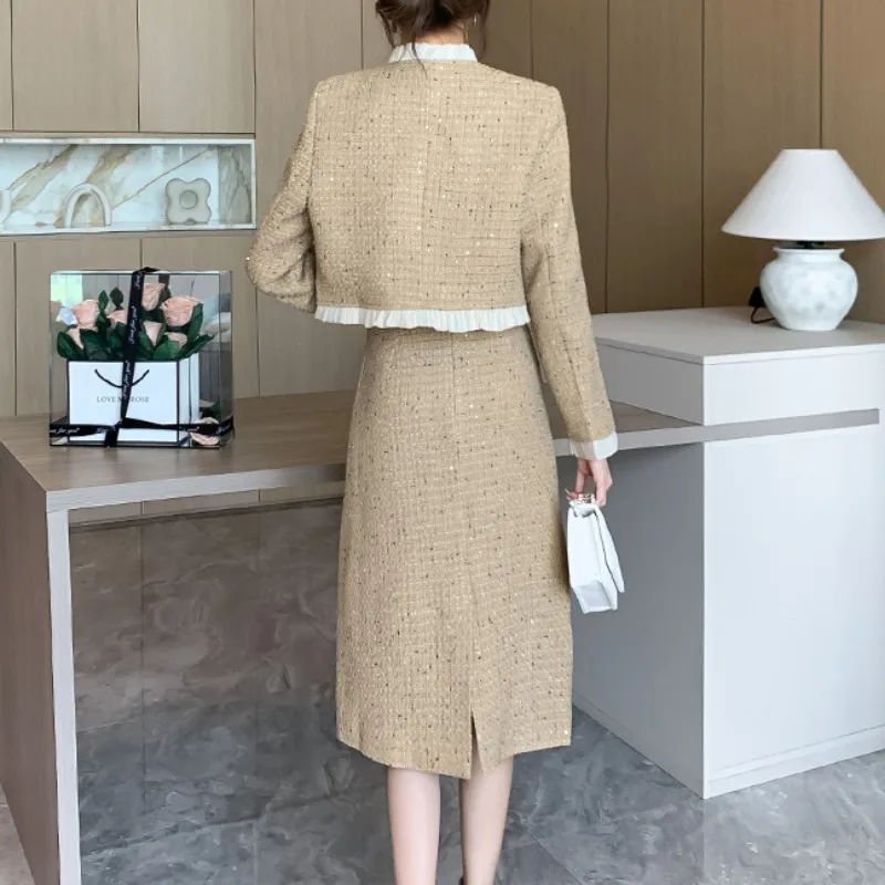 Chic Khaki Jackets and Skirts Women Two Piece Sets Streetwear Korean Elegant Long Sleeve Skirt Sets Business Party