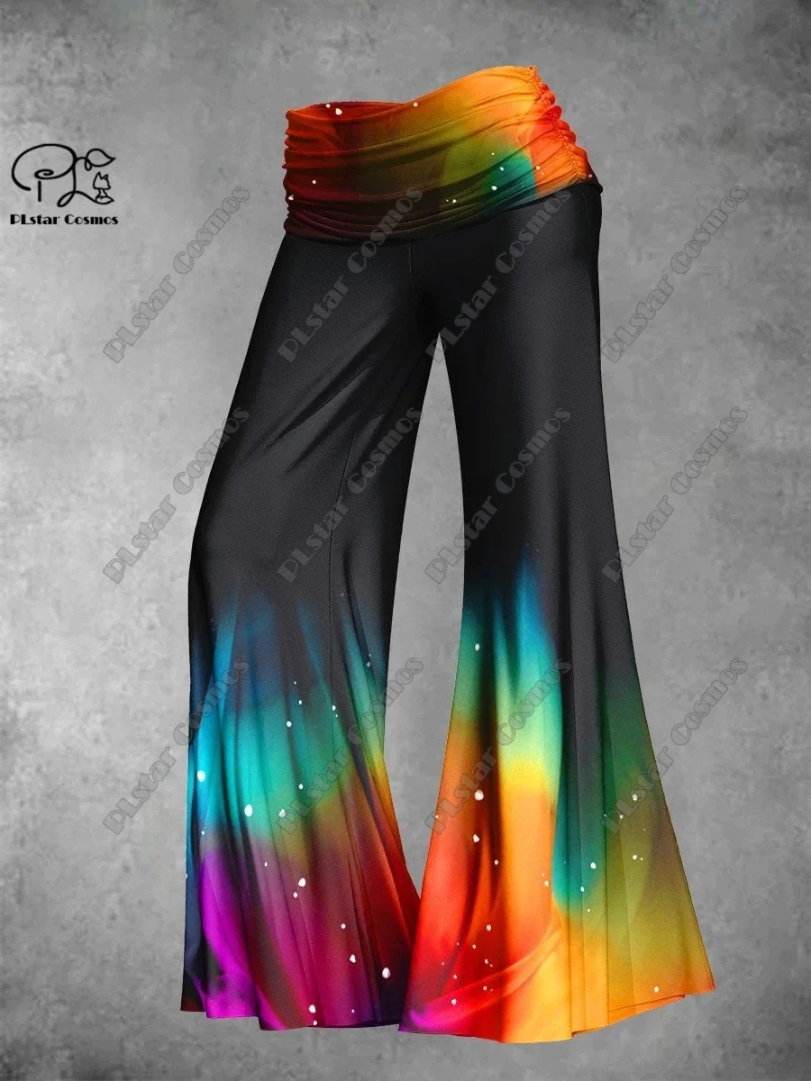 PLstar CosmosD stampato arte sfumata delle donne Rainbo stampato pantaloni a gamba larga cintura piegata pantaloni elastici in vita pantaloni casual quotidiani