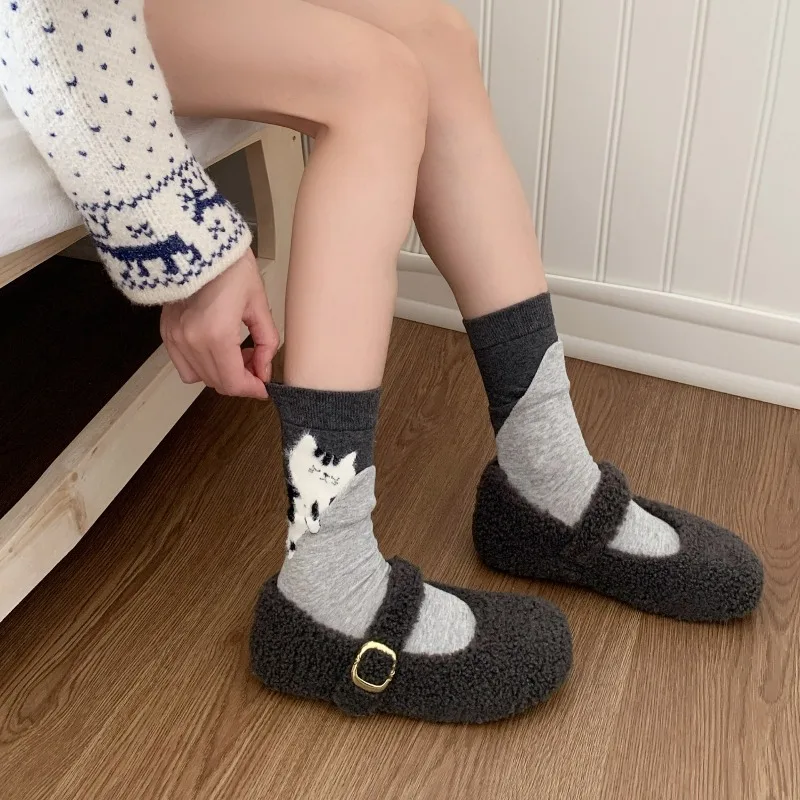 4 Pasang Kaus Kaki Lucu Musim Gugur Musim Dingin Kaus Kaki Setengah Betis Gambar Kucing Sederhana Wanita Set Kaus Kaki Wanita Fashion Lucu Musim Gugur Tinggi Kualitas Tinggi