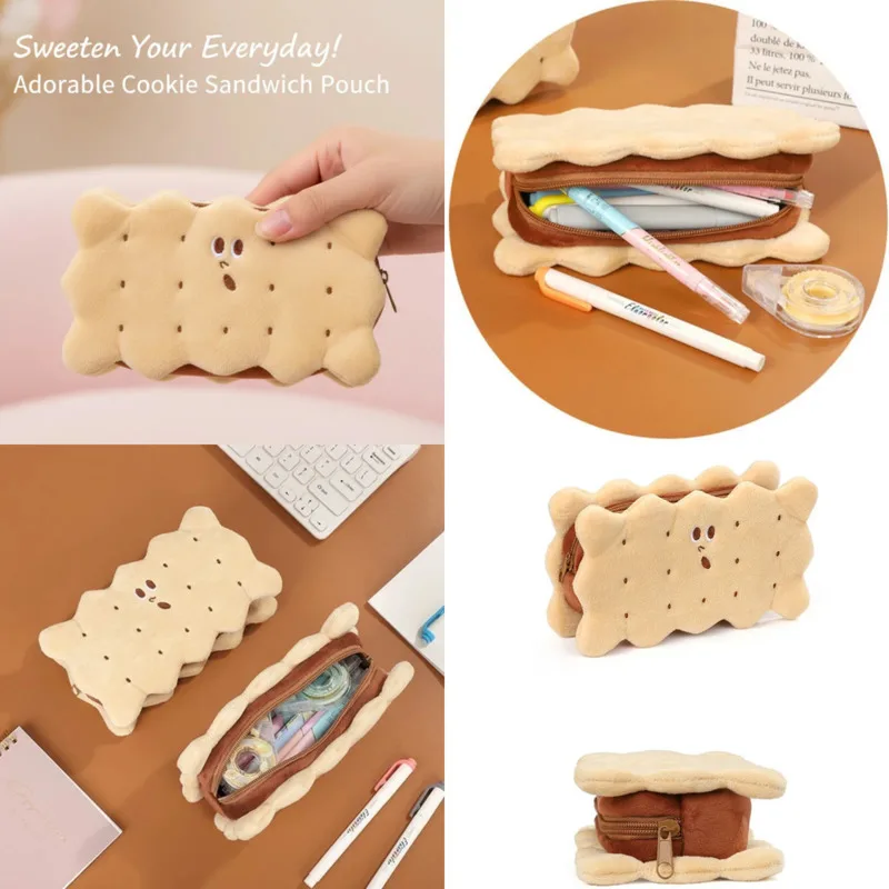 

Sandwich Cookie Pencil Case Y2K Plush Cute Biscuit Design Large Capacity Student Pen Pouch Soft Stationery Organizer Gift New