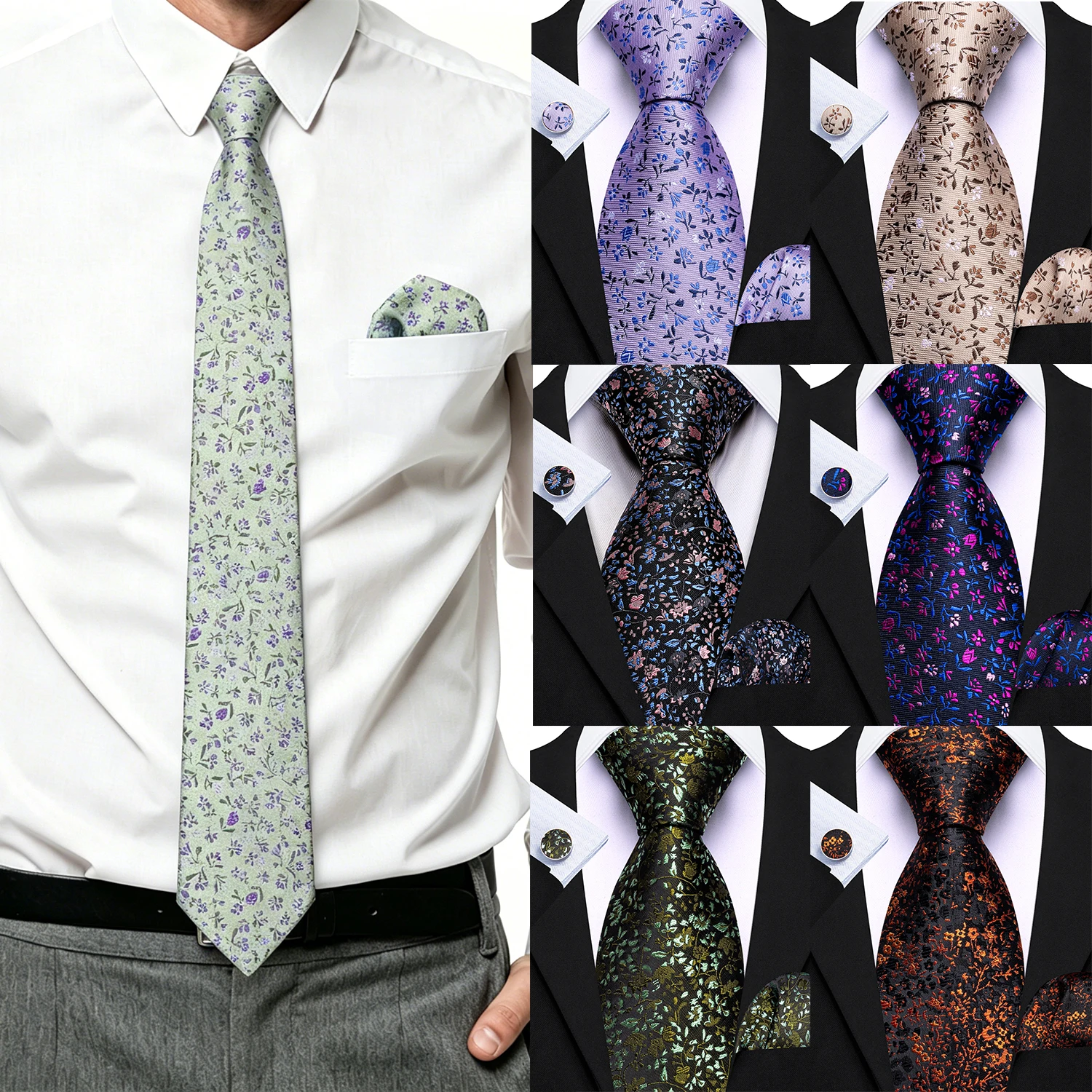 Frühlings-Blumen-Krawattenset für Herren, Casual Hochzeit Business Krawatte Einstecktuch Manschettenknöpfe 3-teilig Anzug-Accessoires Mintgrün Rosa