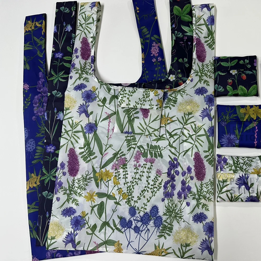 

Компактная сверхлегкая складная большая сумка с красивым цветочным узором и квадратным чехлом из переработанного полиэстера, прочная сумка для продуктов