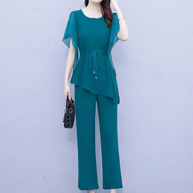 

High End Western Chiffon Set Women's Summer New Loose Size Women's Breathable Mesh Short Sleeve Fashion Two Piece Set