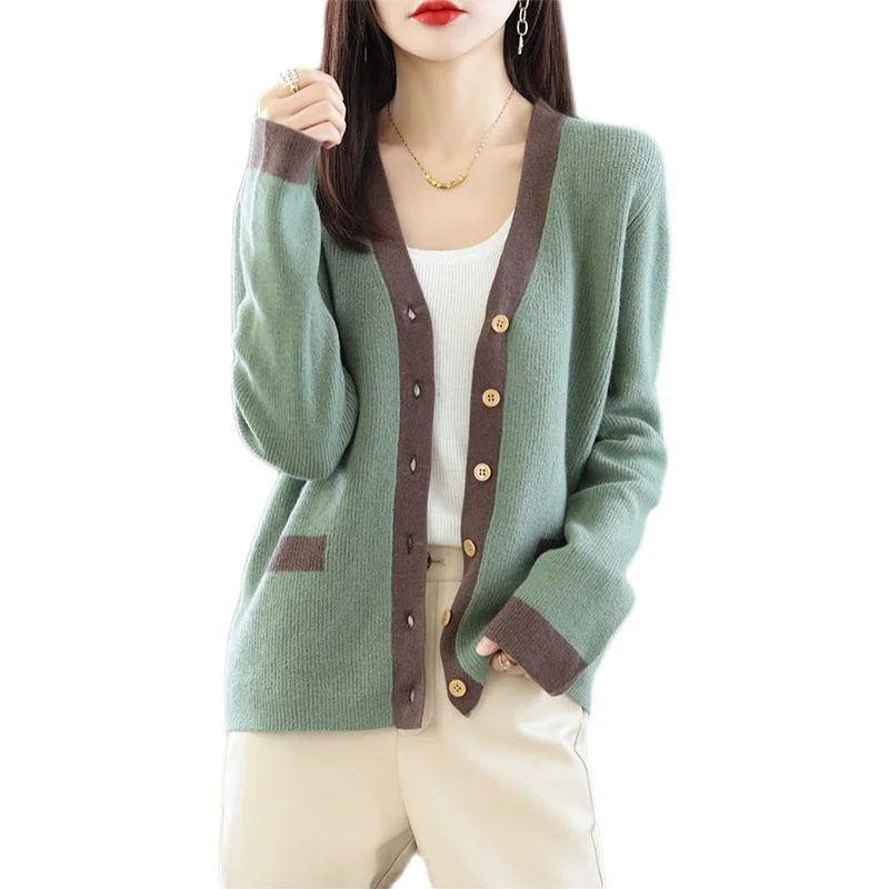 

Spring Autumn celebrities Women New Knitted Cardigan Patchwork Color Loose Sweater Coat Female Western Style Long Sleeve Jacket