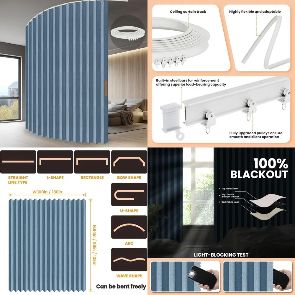 ستارة تقسيم الأكورديون الزرقاء موفرة للمساحة مع مسار سقف لسهولة التركيب - 180 واسعة × 84 طويلة
