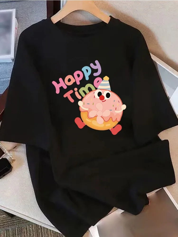 

Ladies' Pure Cotton Short Sleeved T-shirt with Cute Cartoon Donuts and Happy Time Pattern Casual Round Neck Top for Daily Wear