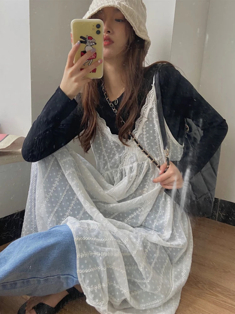 Dress Women V-neck Fashion Ins Sweet Korean Style Holiday Lace Spaghetti Straps Midi See Through Y2k Vestidos Aesthetic Sundress