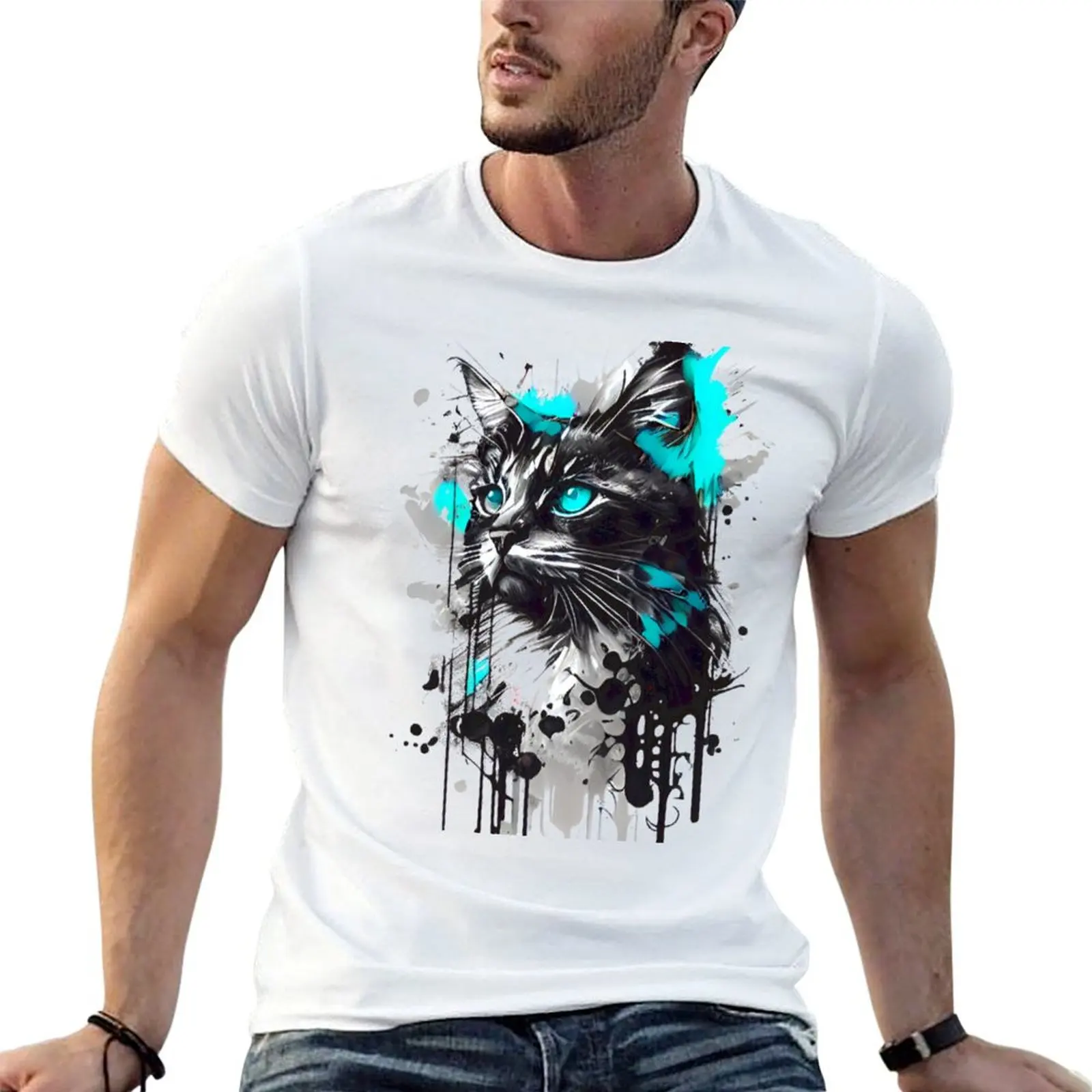 An artistic painting of a cute cat with turquoise blue eyes T-Shirt hippie clothes anime stuff men workout shirt
