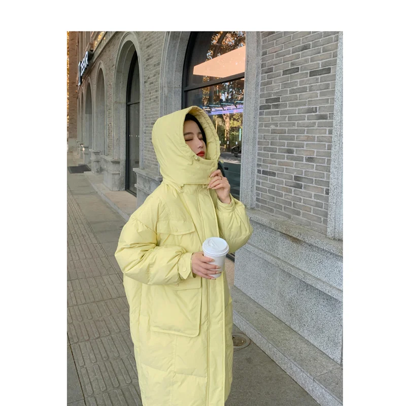 

Women's Fashion New Style Fluorescent Yellow Keep Warm Medium and Long Down Jacket Minimalistic Coat Versatile Winter Outerwear