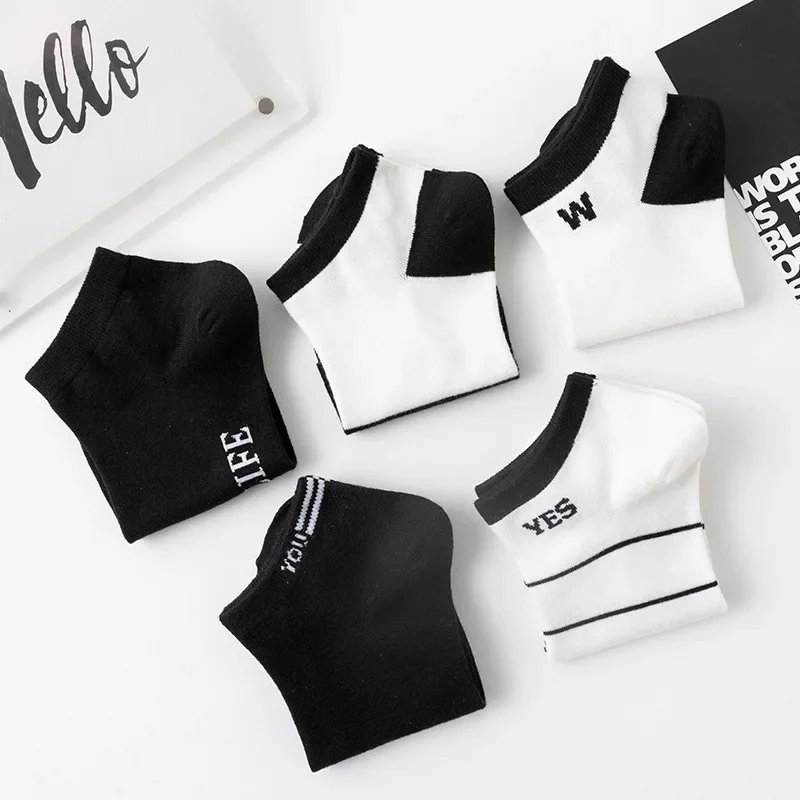 5/10 par wiosenne letnie męskie krótkie skarpetki moda czarne białe litery Design skarpetki Ultra cienka siateczka oddychające damskie skarpetki do kostki