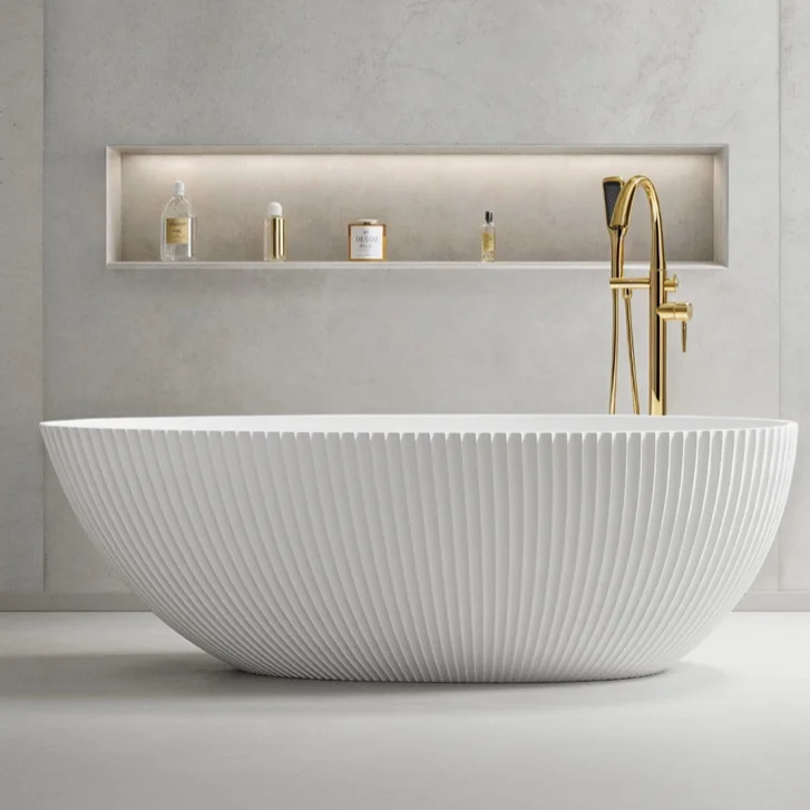 2025 New Cyber Celebrity Oval Bathtub Striped Simple Freestanding Artificial Stone Bathtub Seamless Integrated Forming 1 Person