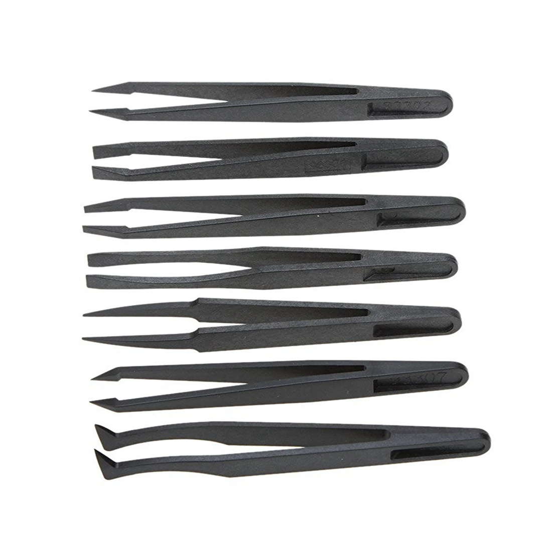 DT35BG 7Pcs Black Plastic Antistatic Flat Bottomed Top End Tweezers Hand Tools Set