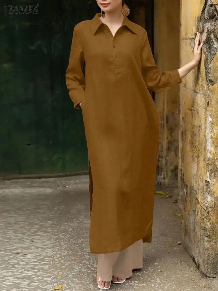 ZANZEA 우아한 패션 롱 셔츠 드레스 여성 패션 맥시 선드레스 2025 긴 소매 버튼 솔리드 파티 드레스 휴가 로브