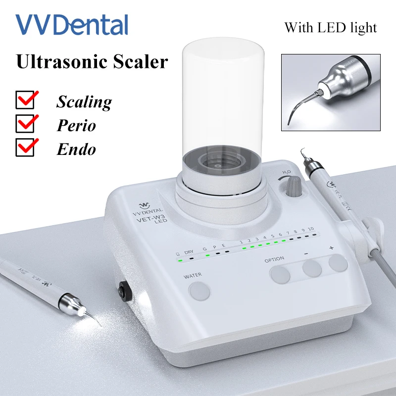 VV Dental Ultrasonic Scaler VET-W3 LED With LED Handpiece and Tips Multi-Function Sonic Scaler for Calculus Stains Scaling