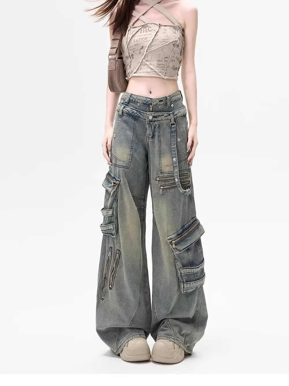 American style large pocket irregular ribbon wide leg jeans women's high street washed new men's loose street clothes floor pant