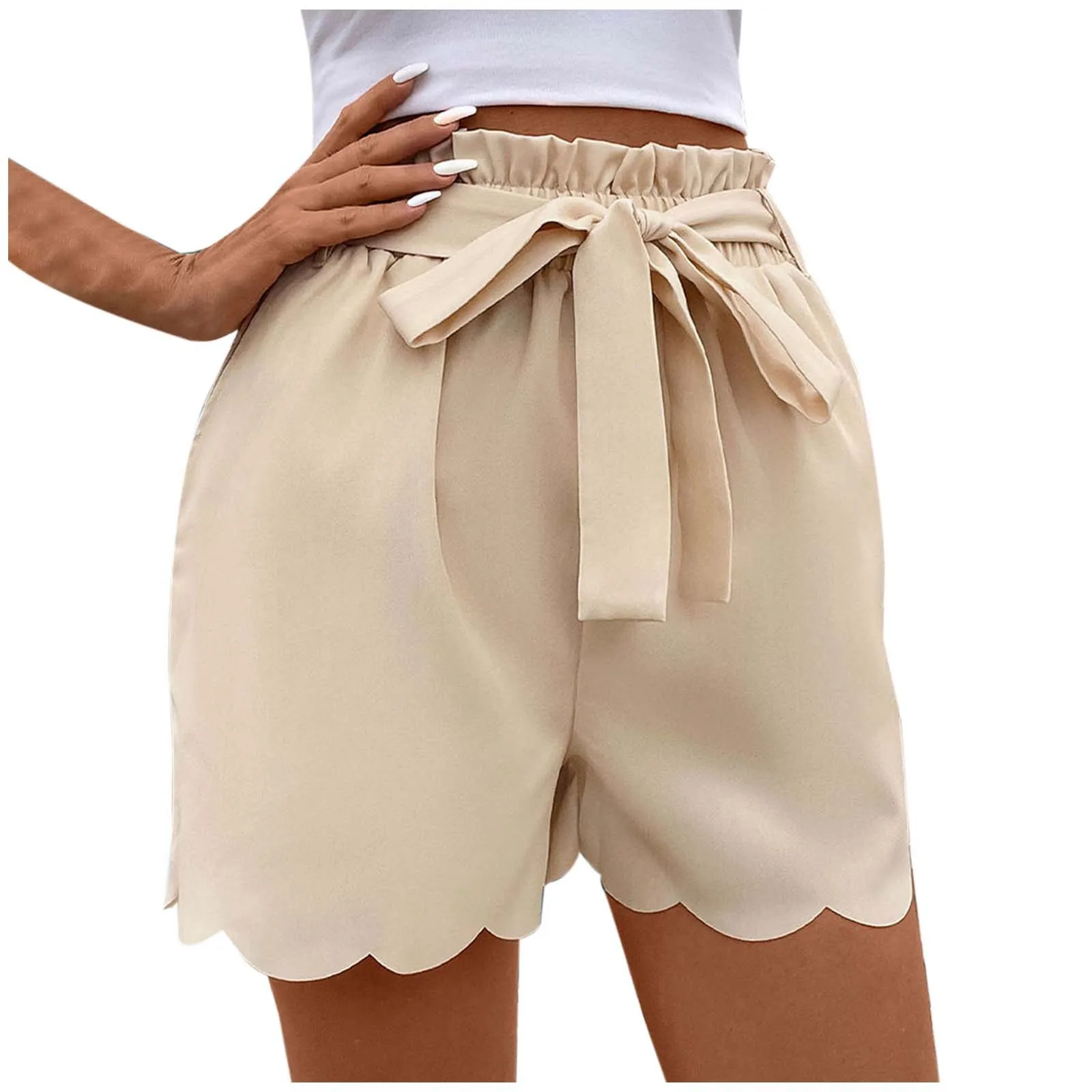 

Women's Casual Lace Up Shorts With Elastic Waistband And Scalloped Hem Solid Color Breathable Comfort Fit Travel Leg Linen Pants