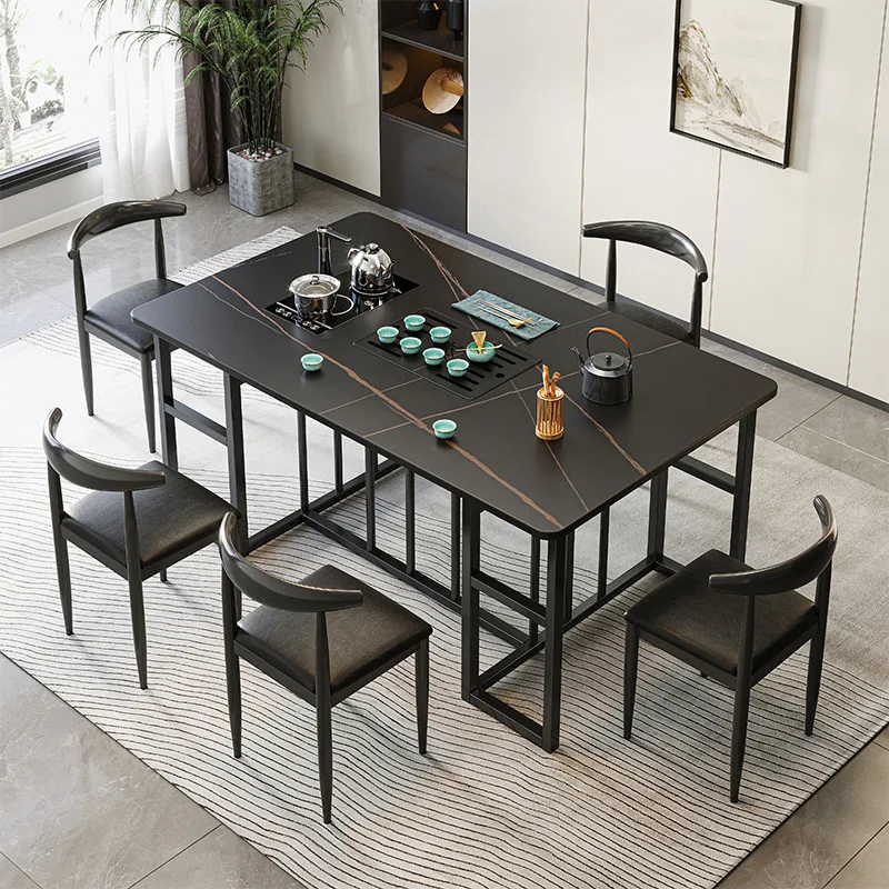 

Light luxury rock slab tea table and chair combination one table and five chairs modern simple