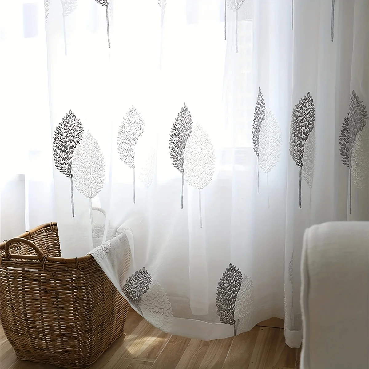 2pc Pastoral style leaf embroidery transparent curtains decorative leaf pattern living room bedroom curtains
