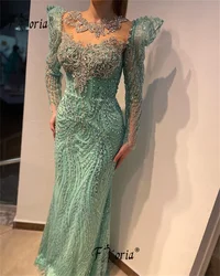 Sheer Neck Mint Green Dubai Evening Dress Heavy Beads Crystal Silver Mermaid Formal Occasion Gown vestido elegante mujer 2024