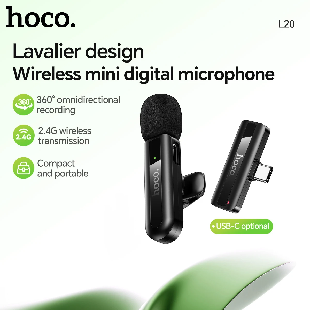 

HOCO Тип C Порт Беспроводной петличный микрофон для iPhone 16/15 Android Портативный микрофон для записи аудио и видео Полнонаправленный полярный