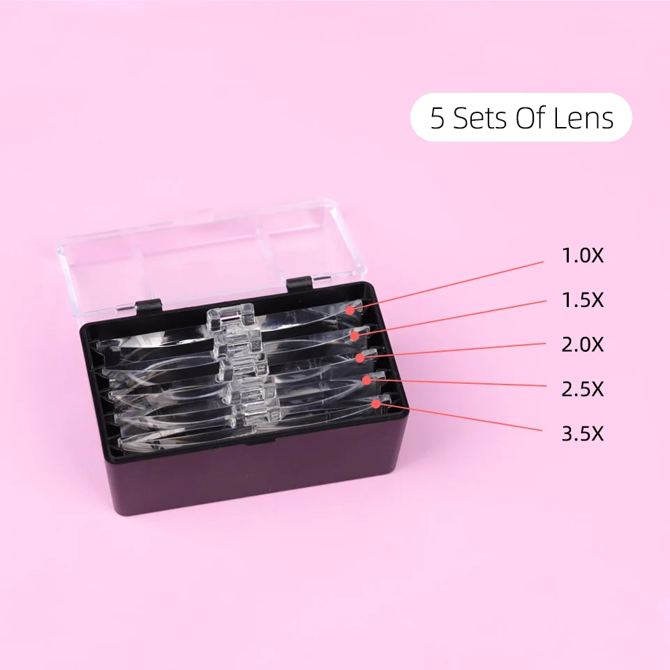 1.0X 1.5X 2.5X 2.0X 3.5X ปรับได้5เลนส์ Loupe นำแสงมือฟรีที่คาดศีรษะแว่นขยายแก้วพร้อมโคมไฟ