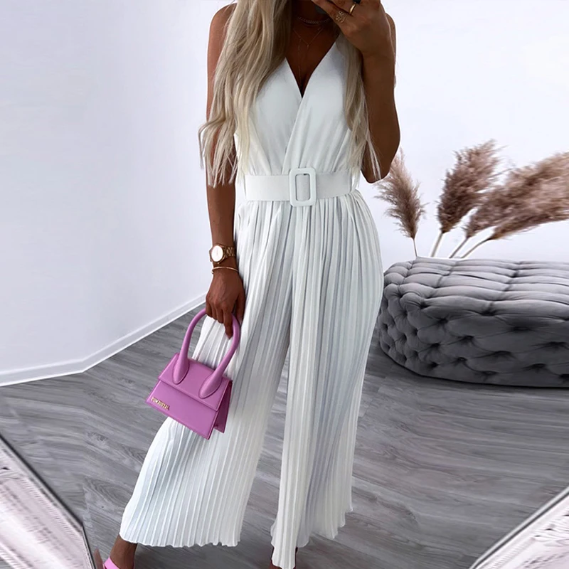 

Spring Deep V Neck High Waist Jumpsuit Women Solid Wide Leg Pleated Pants Office Romper Summer Sleeveless Tank Straight Overalls