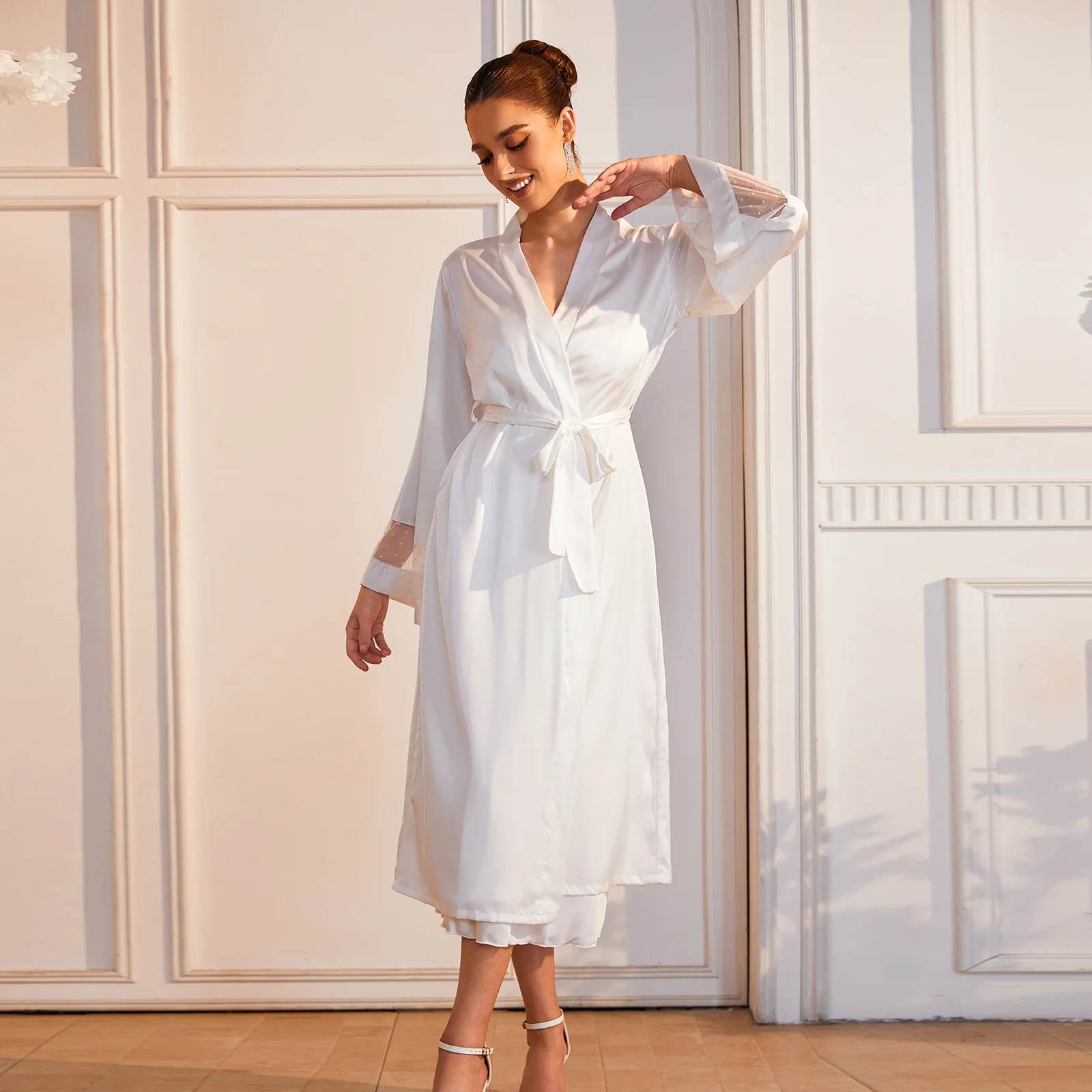Ice Silk Satin Long Robe Bathrobe Kimono Elegant French Style Sleepwear Night Dress Patchwork Lace Negligee Homewear
