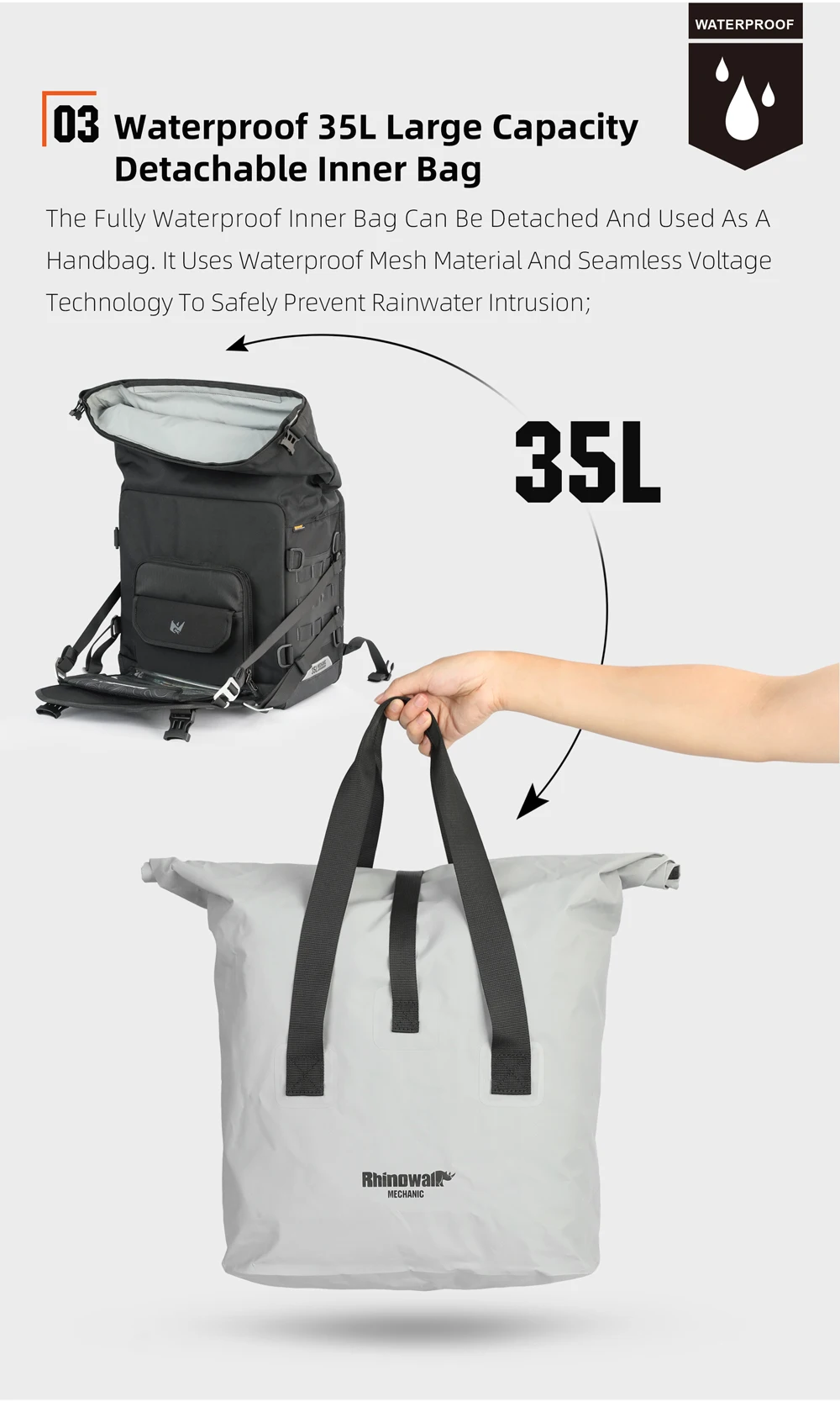 Rhinowalk 35L Wasserdichte Motorrad-Satteltasche mit Schnellverschluss und MOLLE-System-Schlossloch für Abenteuerreisen – Detail 14