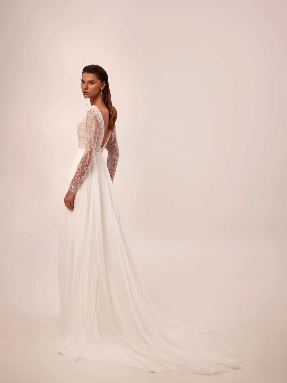 SAROULU sexy diepe v-hals trouwjurk boho een lijn aangepaste bruid dragen kralen lovertjes pure mouwen backless bruidsjurk