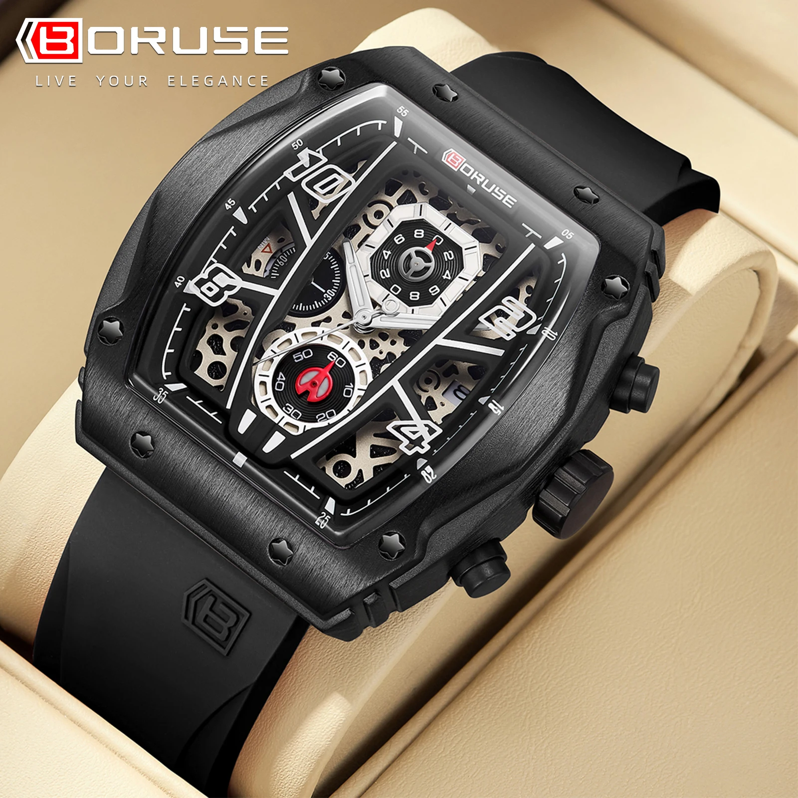 BORUSE Newest Trendy Design Luxury Quality Watches for Men Water Resistant Real Chronograph Sport Silicone Relogio With Boxes