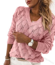 Sweater Fashion Women's Pullover Long Sleeve 2022 Women Pullover V-neck Hollow Out Solid Color Casual Sweater Top