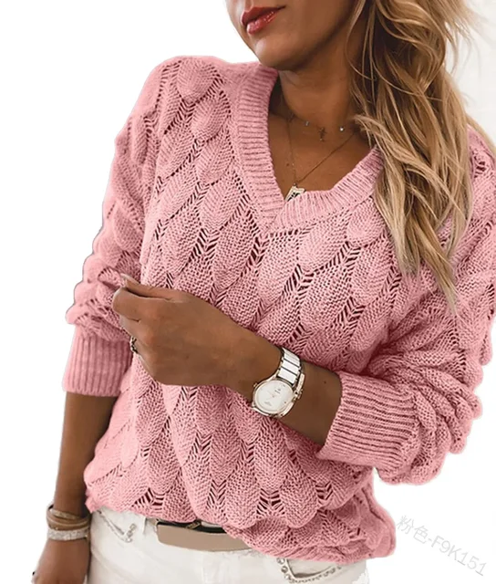 Modny sweter damski, pulower z długim rękawem, 2026, damski pulower z dekoltem w serek, ażurowy, jednolity kolor, swobodny sweter, top.