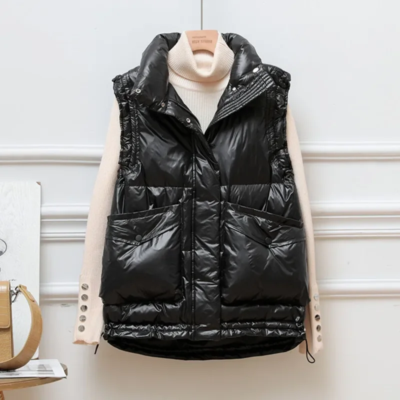 

Winter Duck Down Vest Women Ultra Light Oversize Waistcoat Casual Short Zipper Pocket Sleeveless Jacket Female Parkas Knit Vest
