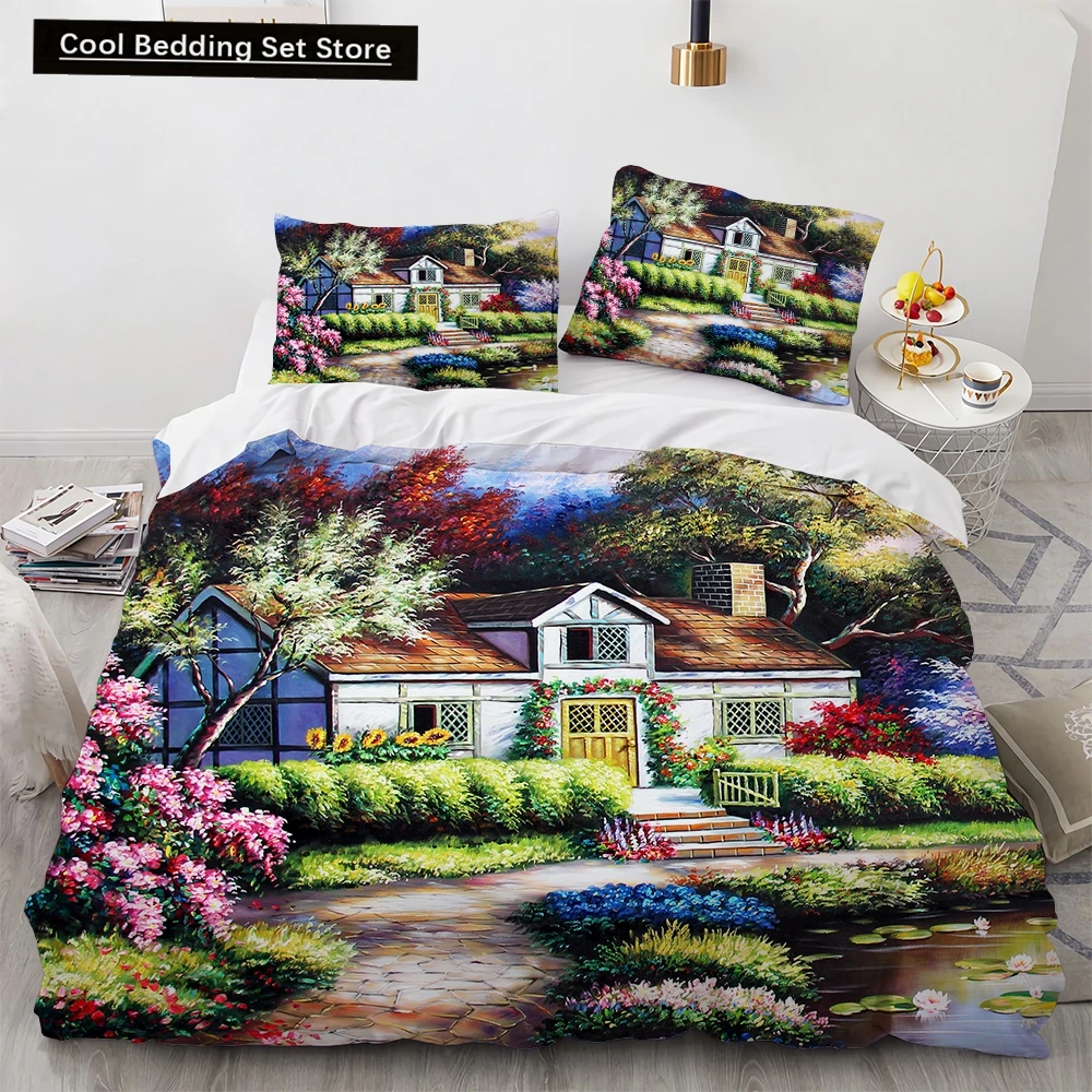 Oil Painting King Queen Duvet Cover Vintage Building Landscape Bedding Set for Adults Retro Art 2/3pcs polyester Quilt Cover