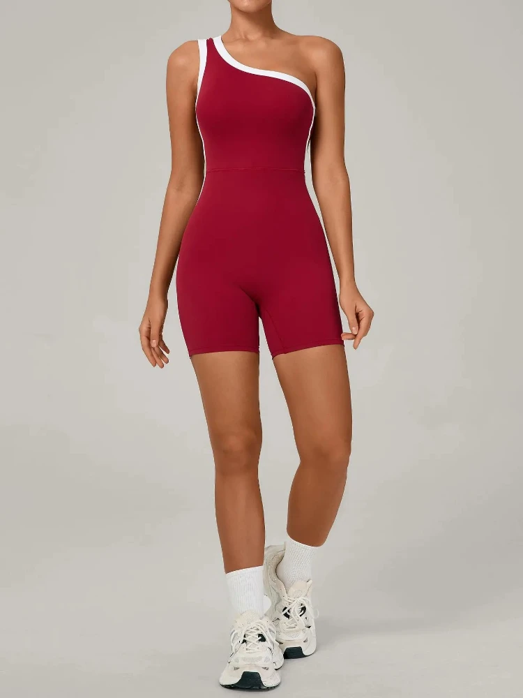 

Women Yoga Jumpsuit One Shoulder Backless Gym Activewear Butt Lifting Tight Fitting Sportswoman Fitness Overalls Contrast Color