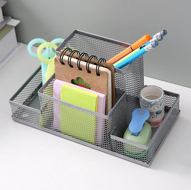 Kawaii Metal Mesh Hollow Out Pen Holder Organizer Storage Box Large Capacity Desktop Pen Holder Clips School Office Stationery