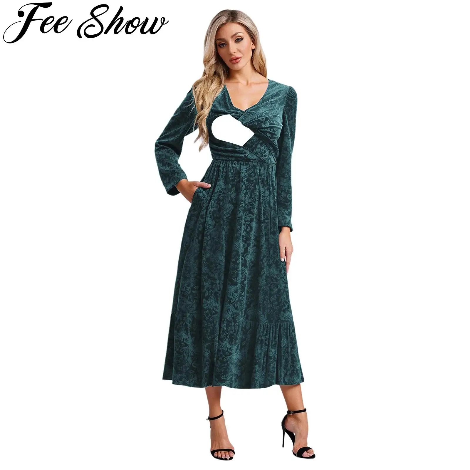 

Женское платье макси для кормящих максі с длинными рукавами и v-образным вырезом с цветочным принтом, бархатное платье для свадьбы, банкета, дня рождения, одежда для грудного вскармливания