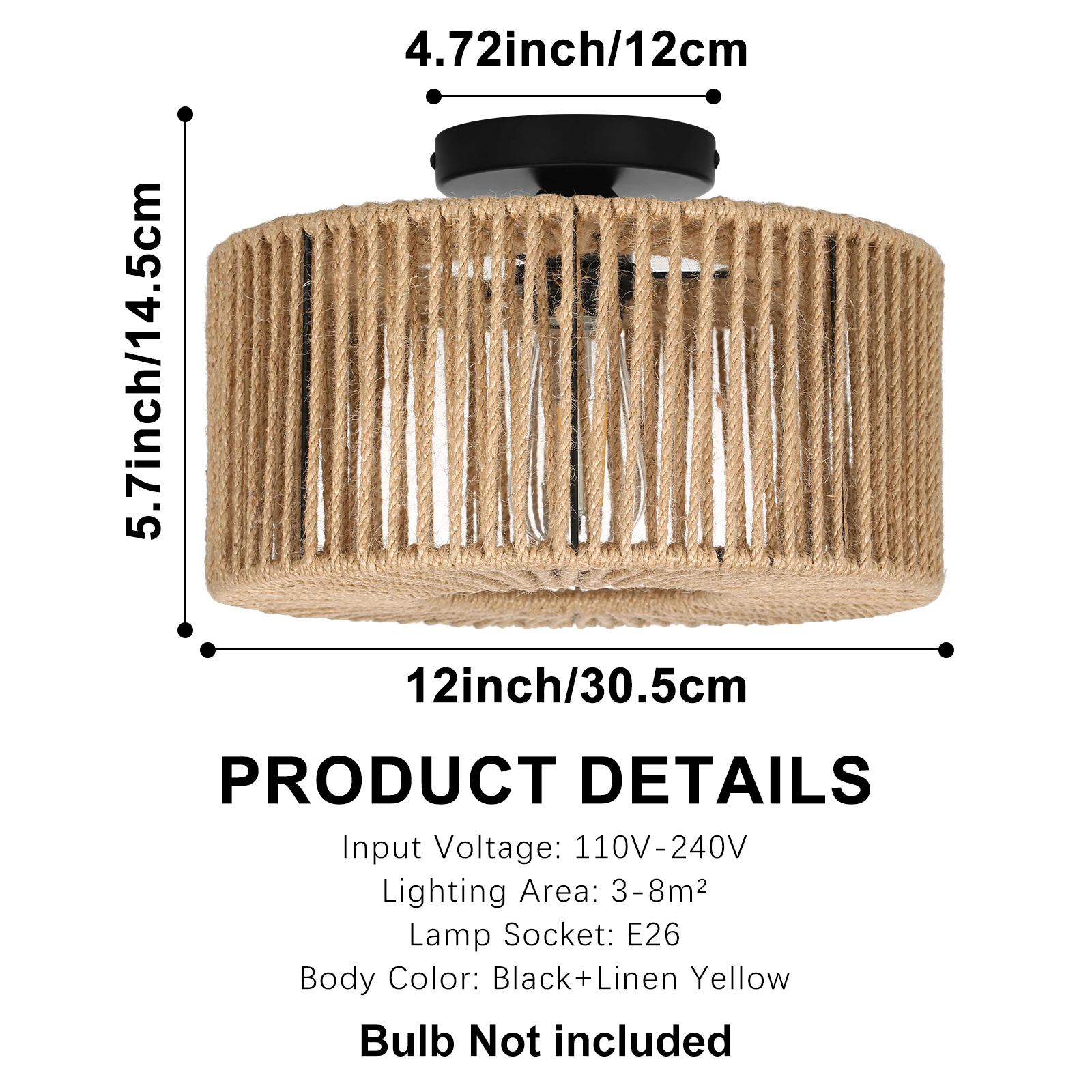 Round Ceiling Light Farmhouse Vintage Semi Flush Mount Rattan Woven Pendant Lamp for Kitchen Living Room Hallway