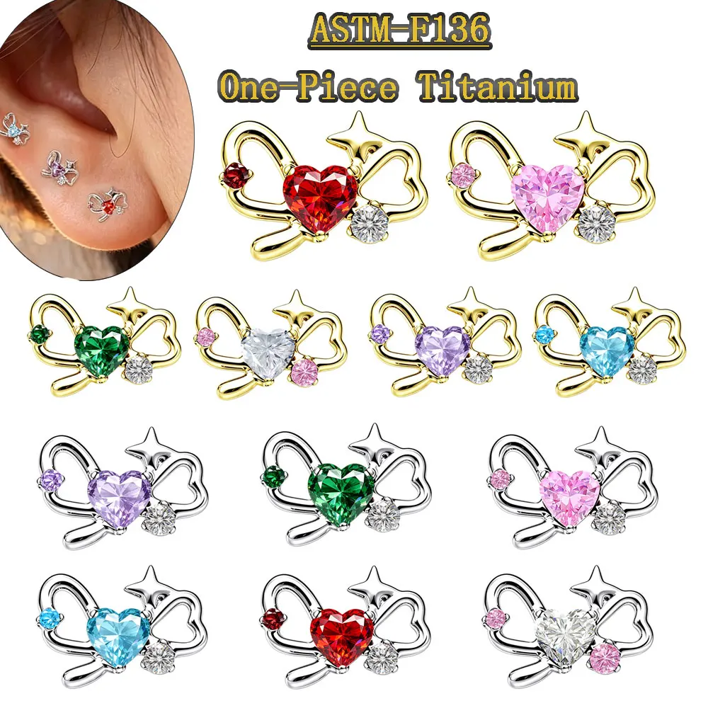 20pcs/lot ASTM‑F136 Titanium Internal Threaded Piercing Stud Bow Heart Star For Labret Tragus Helix Cartilage Lip Body Jewelry