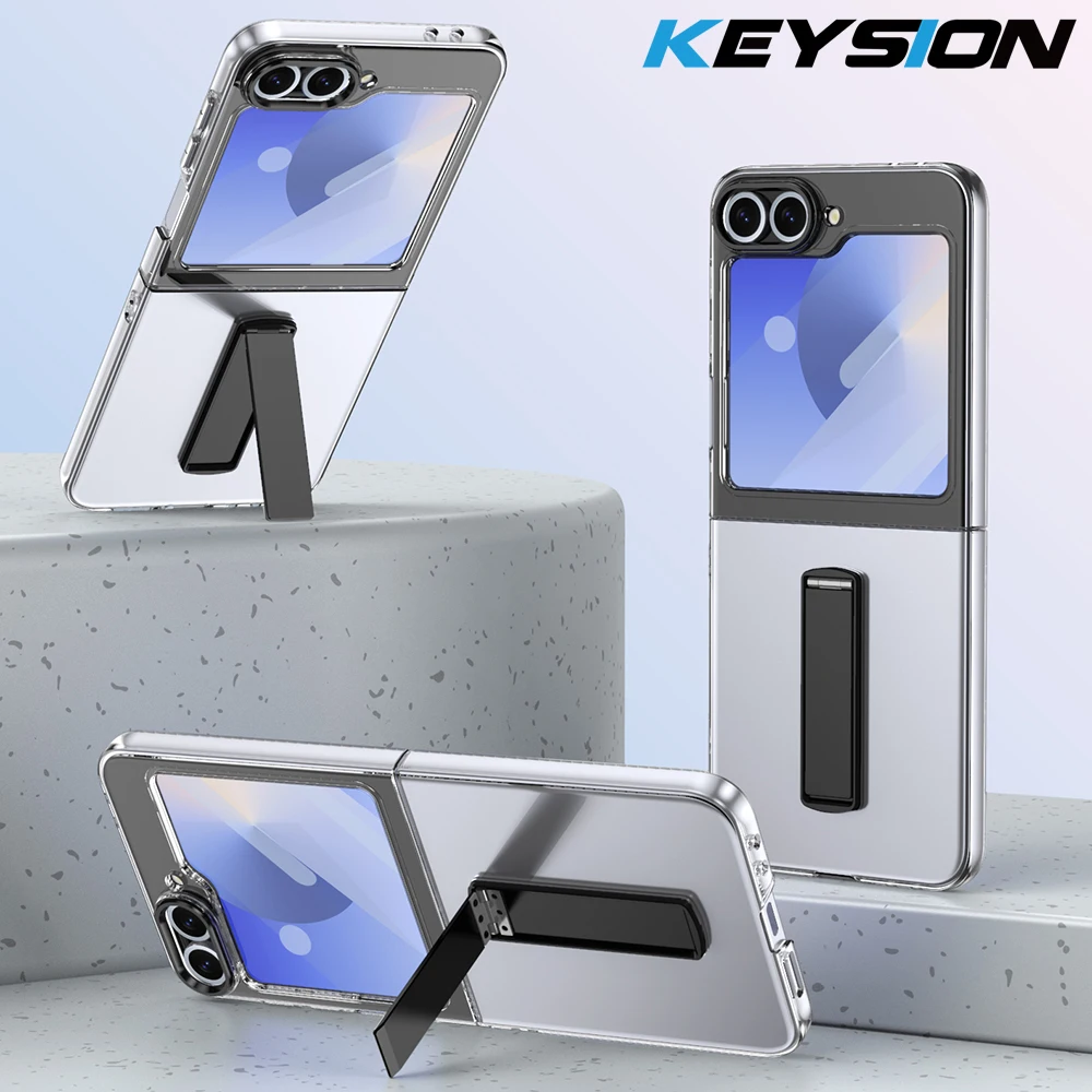 KEYSION Transparent Case for Samsung Z Flip 6 5 4 3 5G Hard PC Metal Kickstand Shockproof Phone Back Cover with Screen Protector