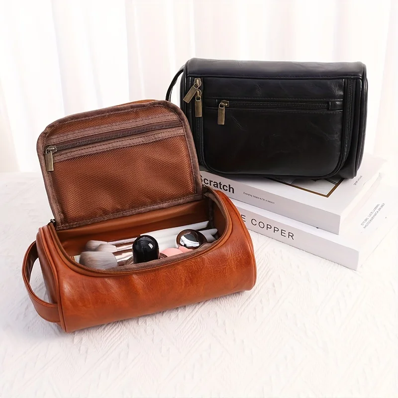 Retro Faux Leather Toiletry Bag, Portable Travel Cosmetic Bag, Waterproof Makeup  Bag