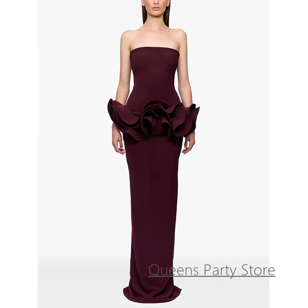 

Sexy Burgundy Evening Dress Customized Sleeveless Strapless Peplum Occasion Dresses Back Slit Saudi Arabian Prom Gown