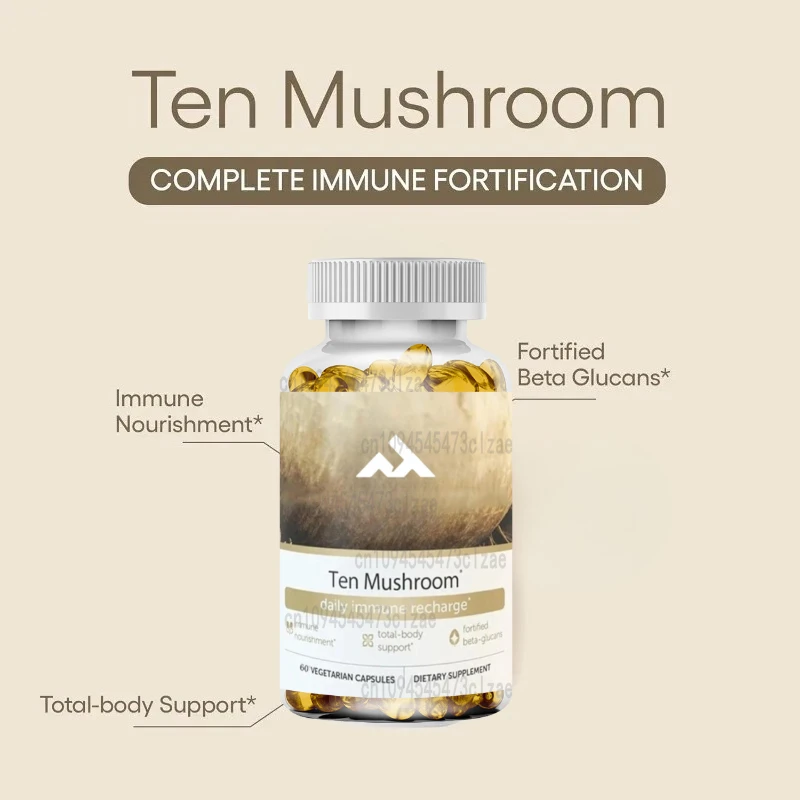 

Ten Mushroom Supplements: 60 Capsules - Lion Mane Mushroom, Ganoderma Lucidum, Cordyceps Sinensis, Turkey Tail, - Gut Health