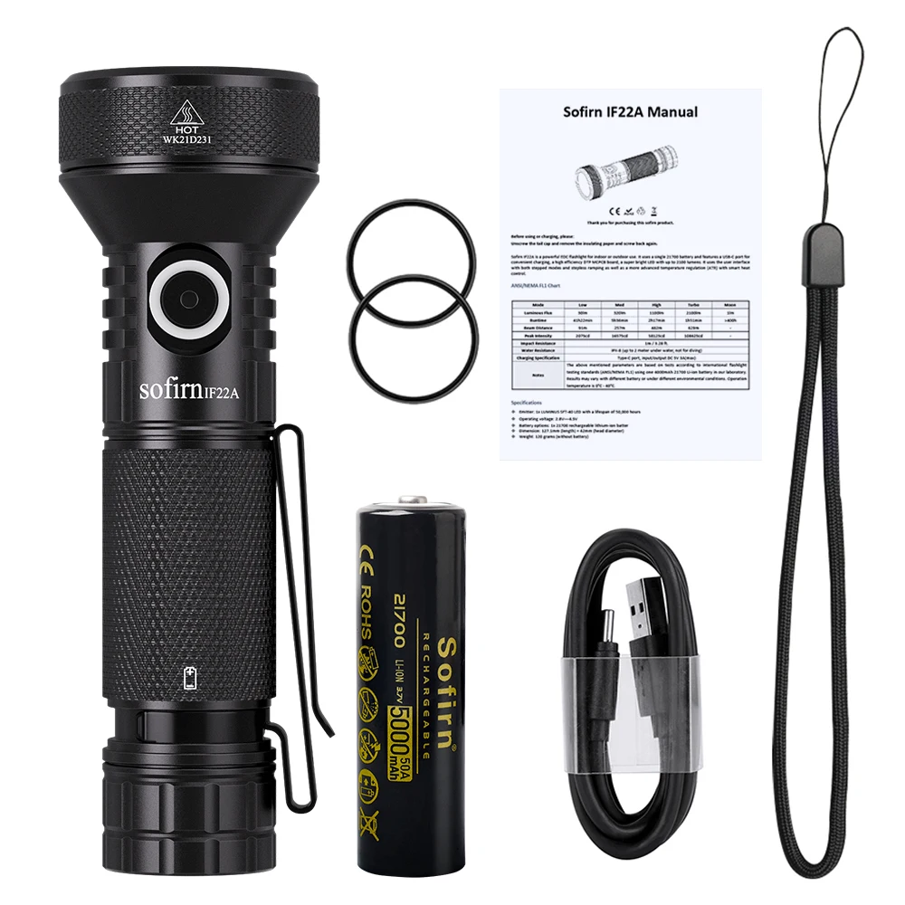 Sofirn IF22A 2100 lm Taschenlampe 21700 Leistungsstarkes Licht SFT40 LED 680 m große Reichweite USB C wiederaufladbare Lade-Überwurf-Taschenlampe